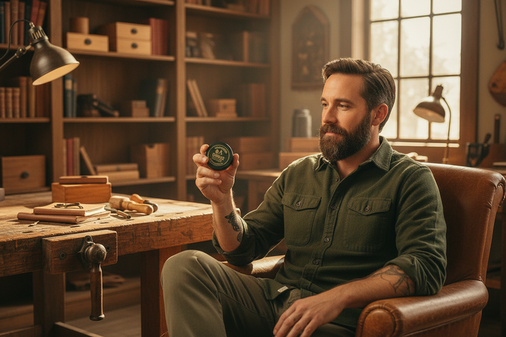 Ironwood Smoke Beard Balm - craftsman with beard in refined workshop setting