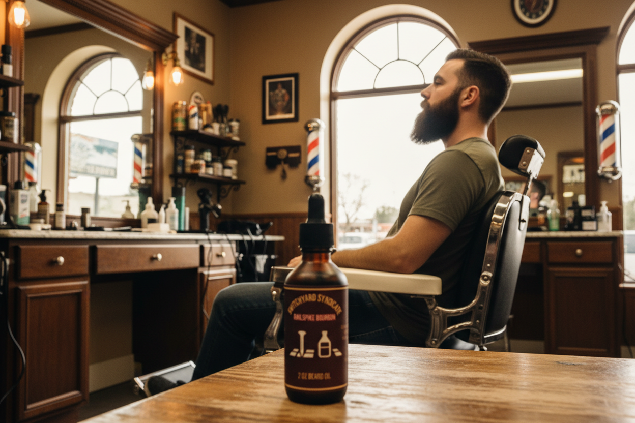 Railspike Bourbon Premium Beard Oil - bearded man in vintage barbershop with classic grooming tools