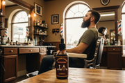 Railspike Bourbon Premium Beard Oil - bearded man in vintage barbershop with classic grooming tools