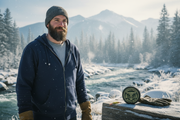 Switchman's Frost Beard Balm - bearded man in crisp winter outdoor setting with evergreens