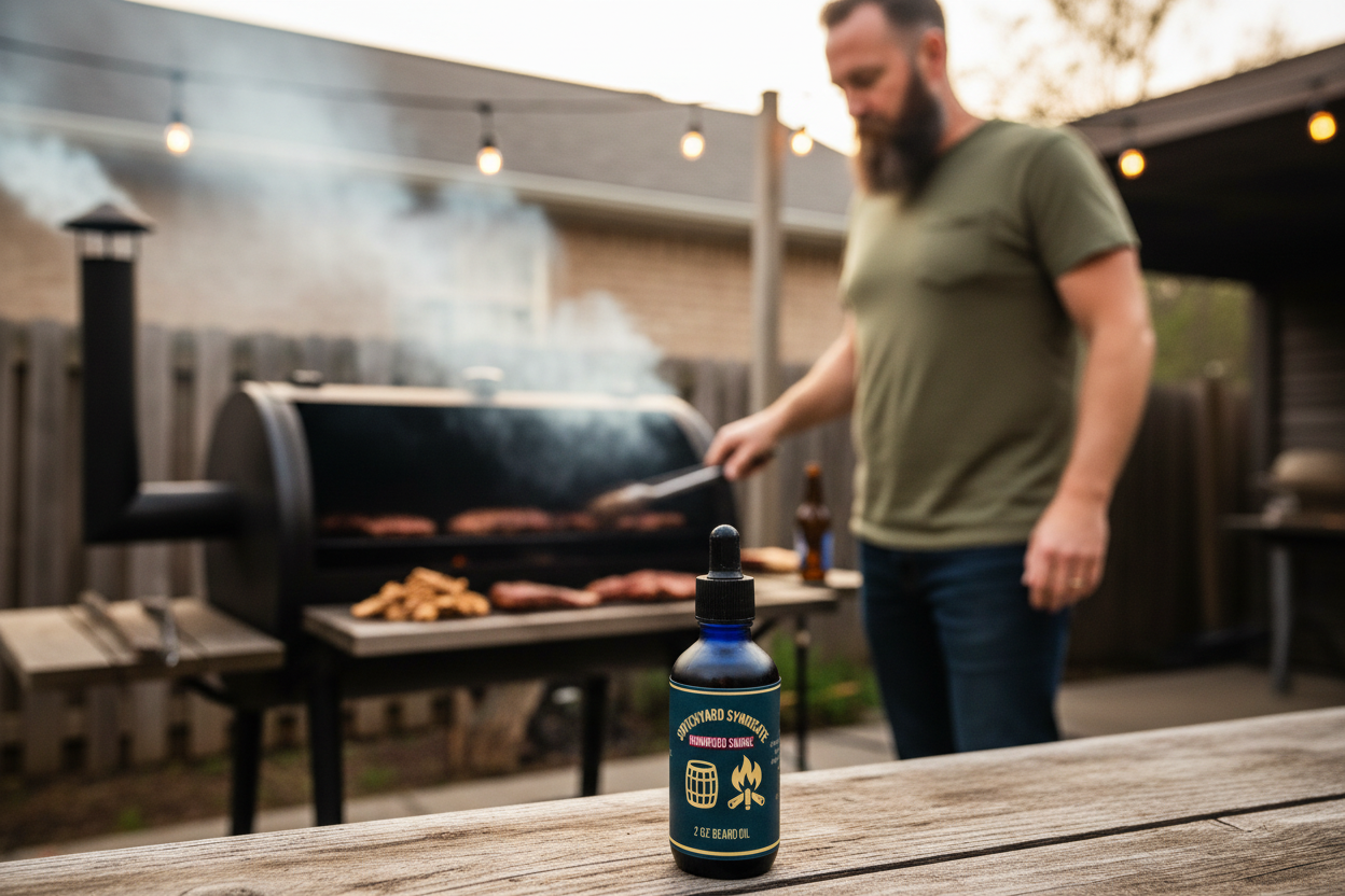 Ironwood Smoke Premium Beard Oil - bearded man with BBQ smoker in authentic outdoor cooking setting