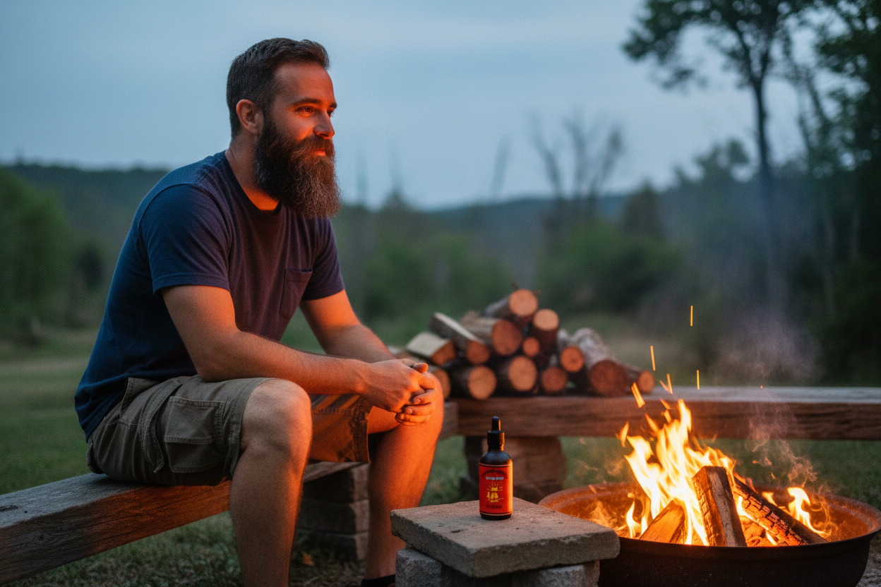 Outlaw Ember Premium Beard Oil - bearded man in authentic campfire evening outdoor setting