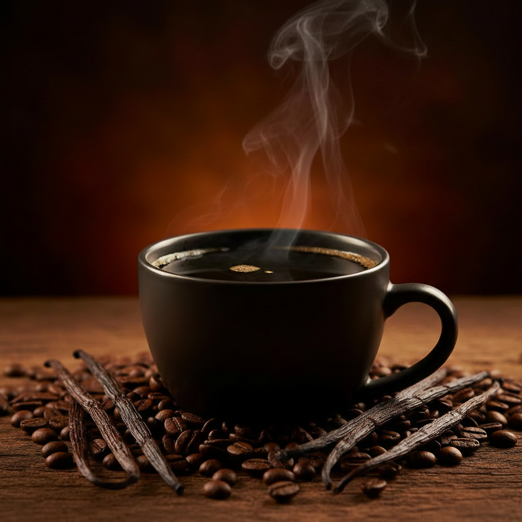 Morning Brew Beard Oil - coffee beans and vanilla beans with steaming cup