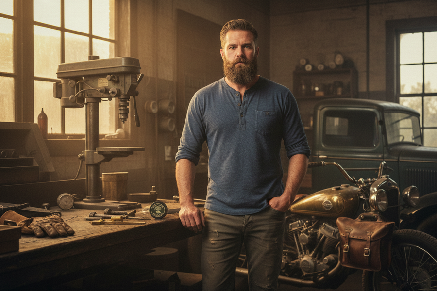 Iron Horse Beard Balm - bearded man in industrial vintage setting with machinery