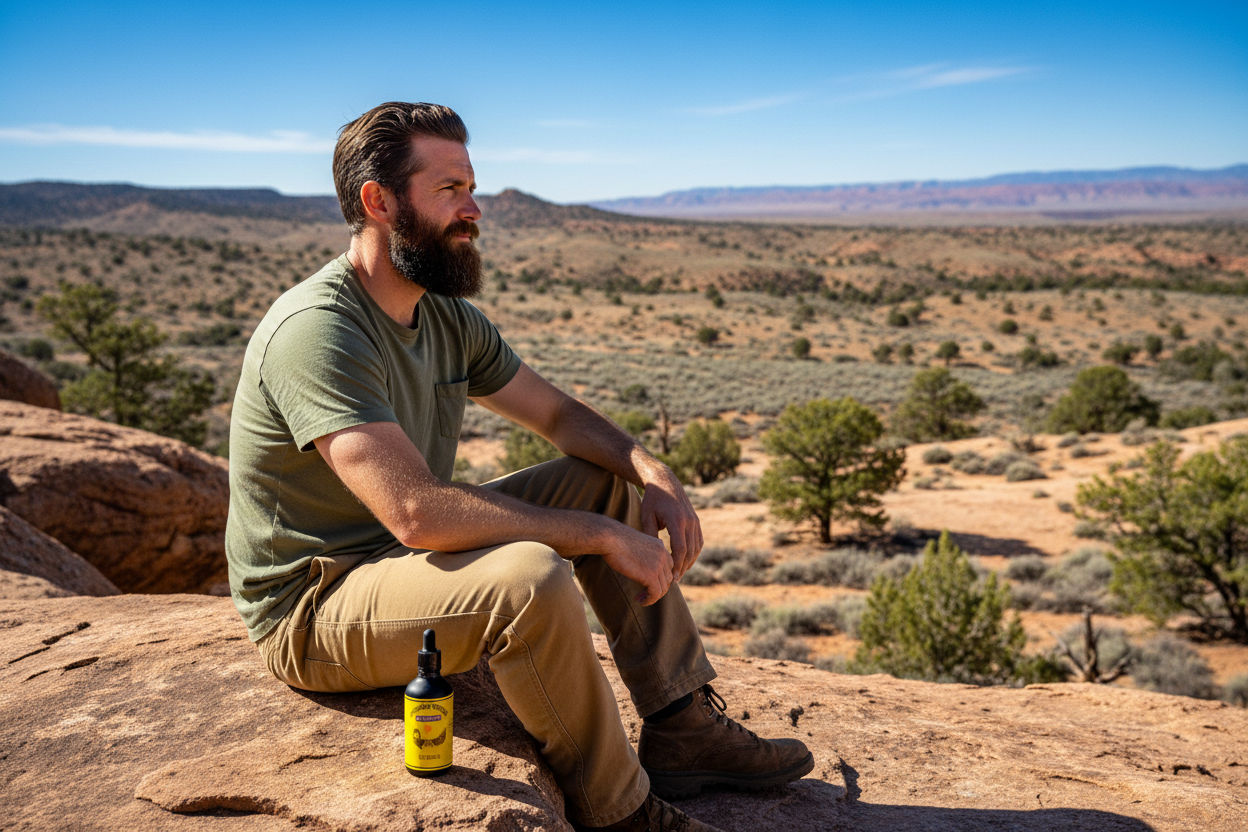 High Noon Resin Premium Beard Oil - bearded man in authentic southwestern outdoor desert setting