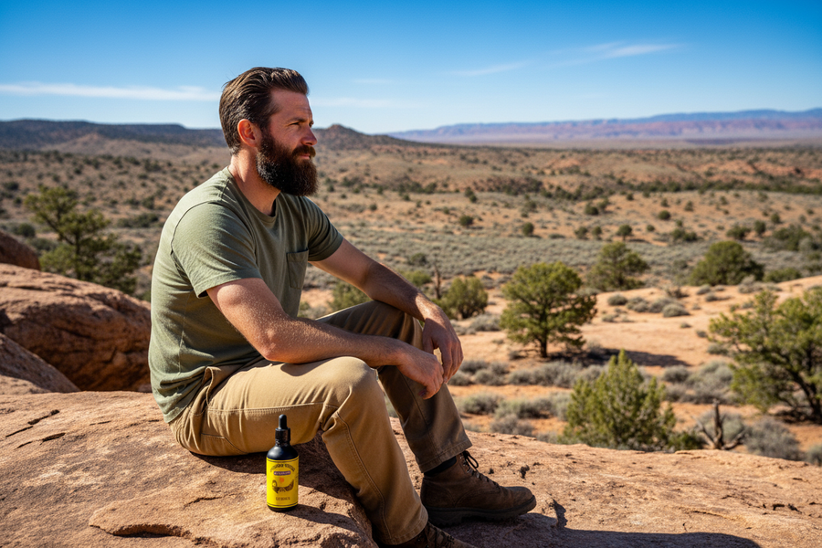 High Noon Resin Premium Beard Oil - bearded man in authentic southwestern outdoor desert setting
