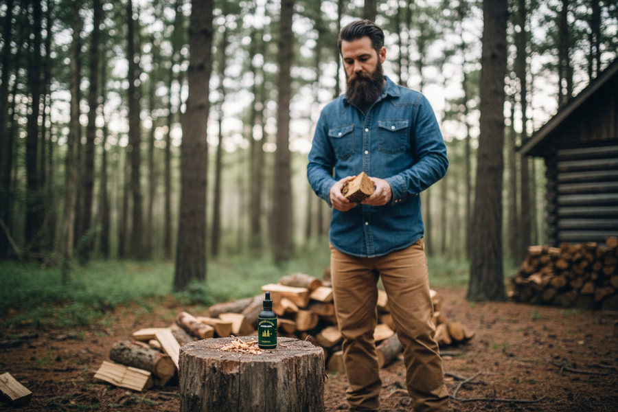 Northern Timber Premium Beard Oil - bearded man in authentic forest outdoor work setting