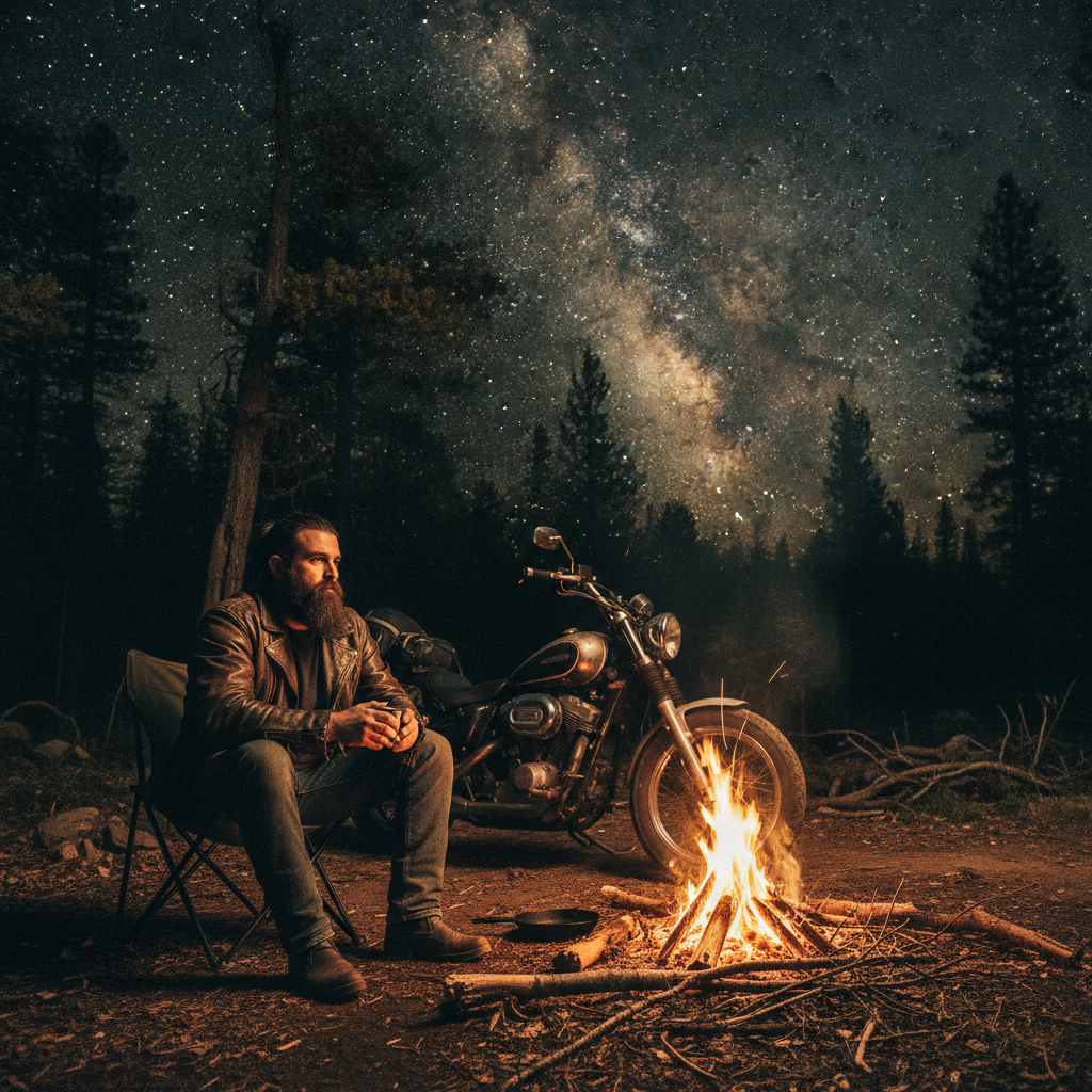 Motorcycle rider by campfire at night