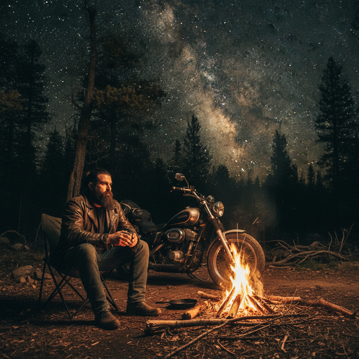 Motorcycle rider by campfire at night